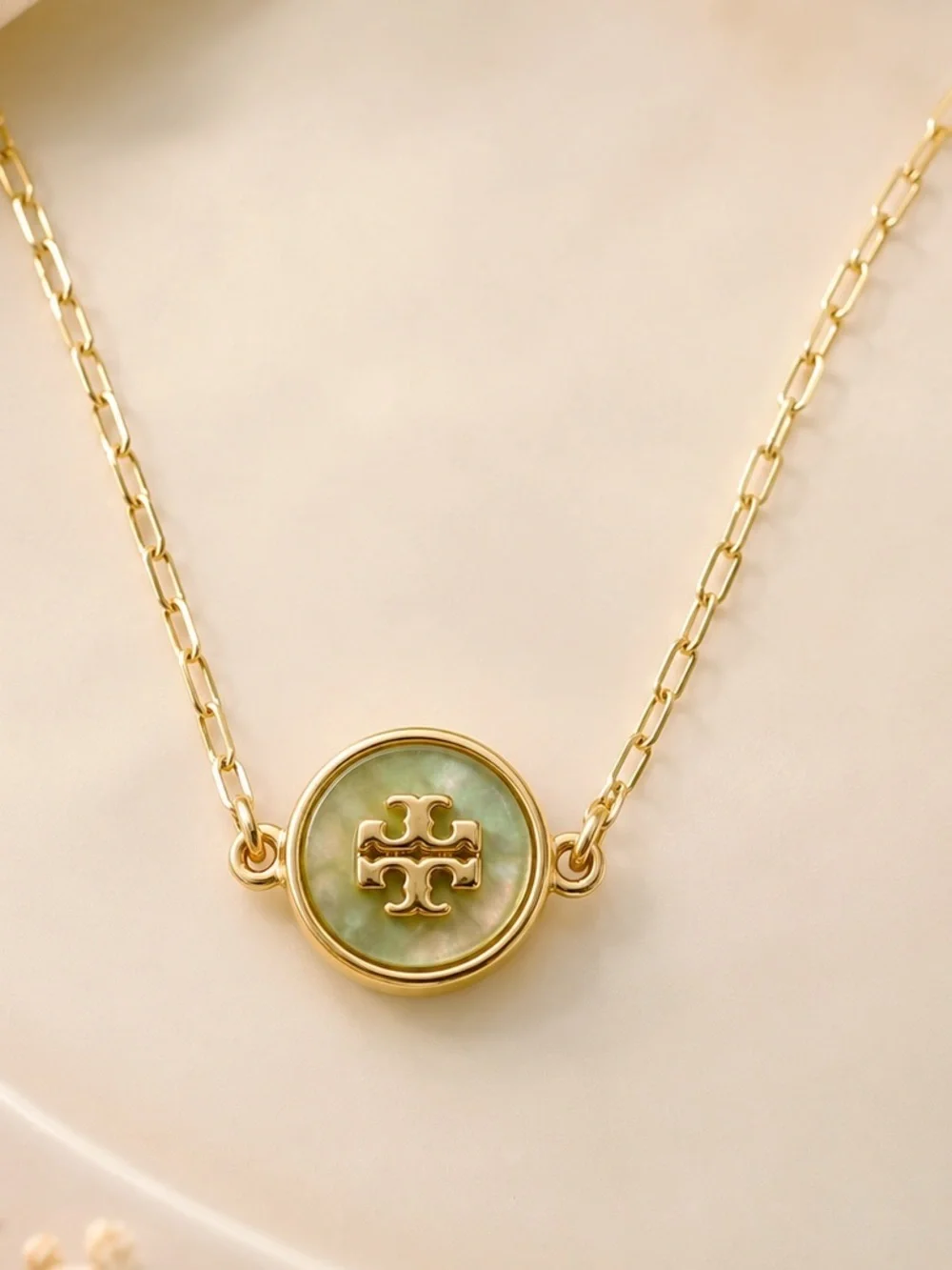 Tory Burch Gold Tone Green Stone Adjustable Chain Bracelet